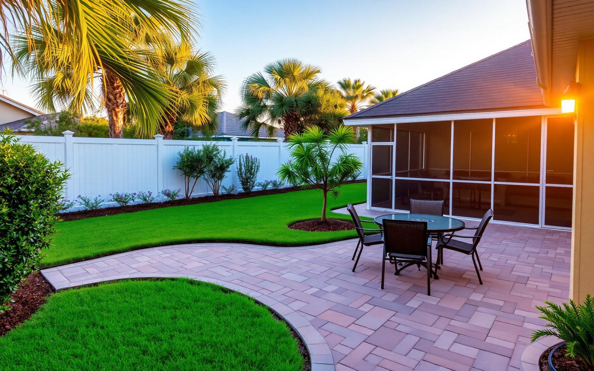 Beautiful completed Florida outdoor renovation with paver patio, vinyl fence and landscaping