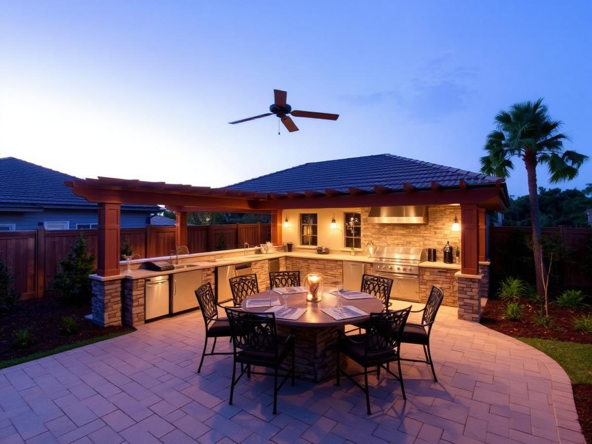 Complete outdoor living space with pergola and outdoor kitchen